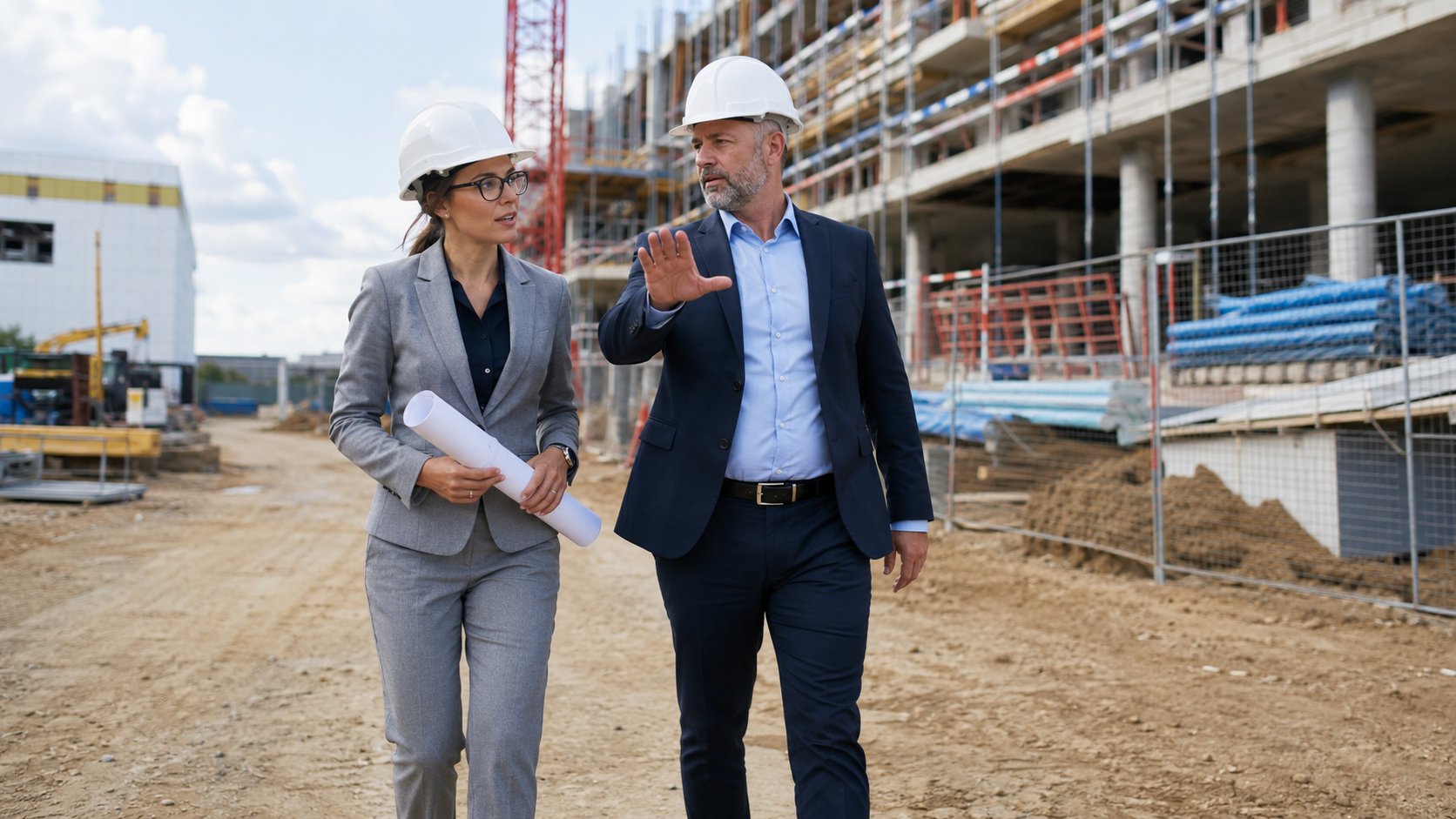 Two people discussing plans on a construction site
