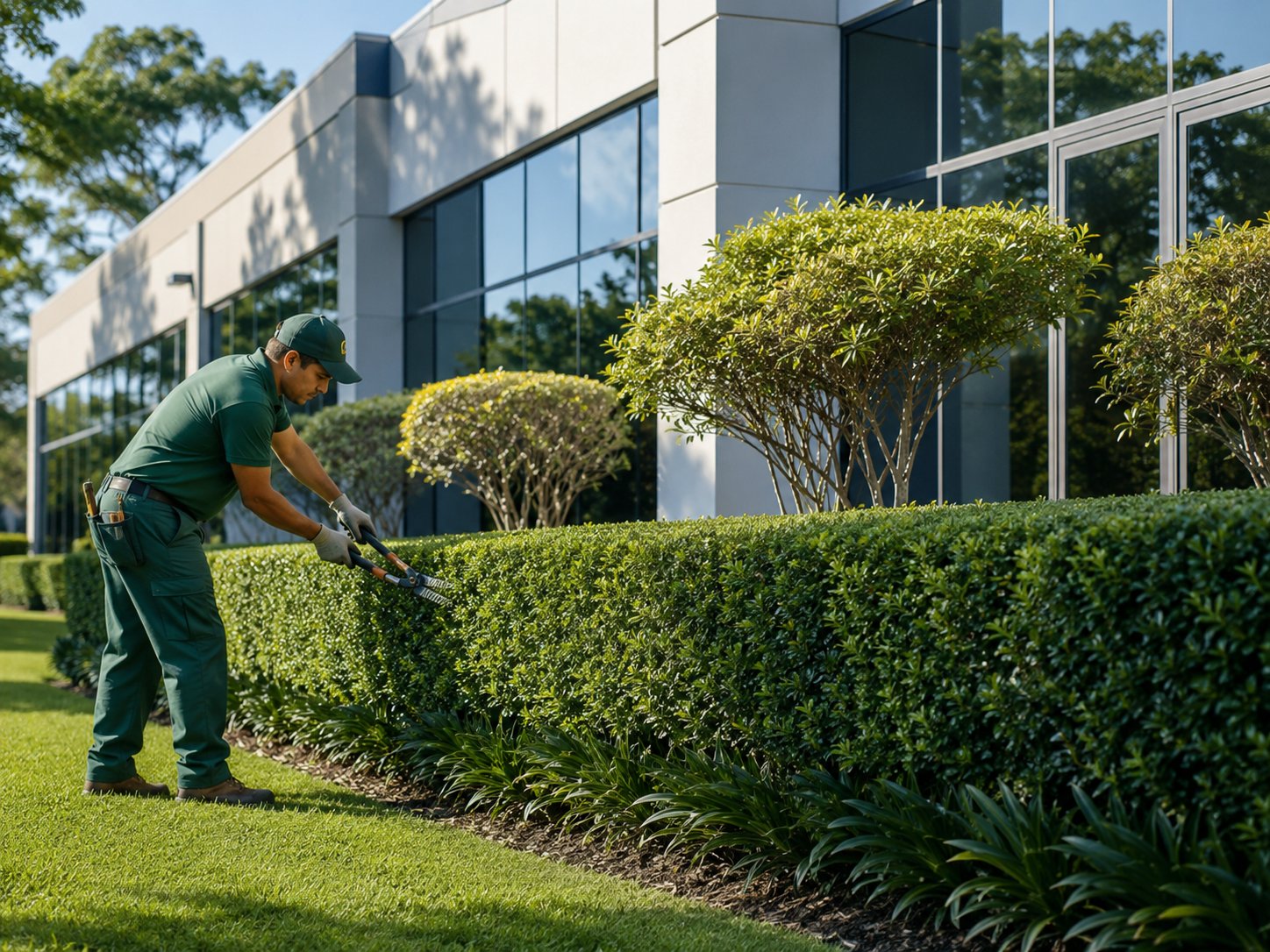 Well-maintained commercial building grounds