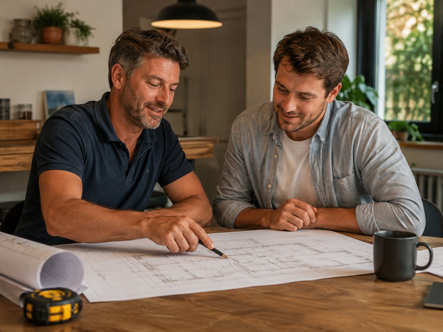 Builder and client reviewing plans together