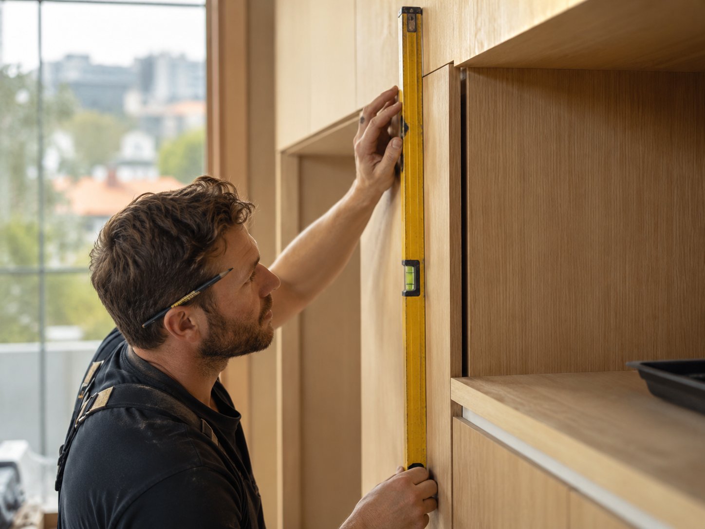 Tradesperson levelling timber-veneer joinery
